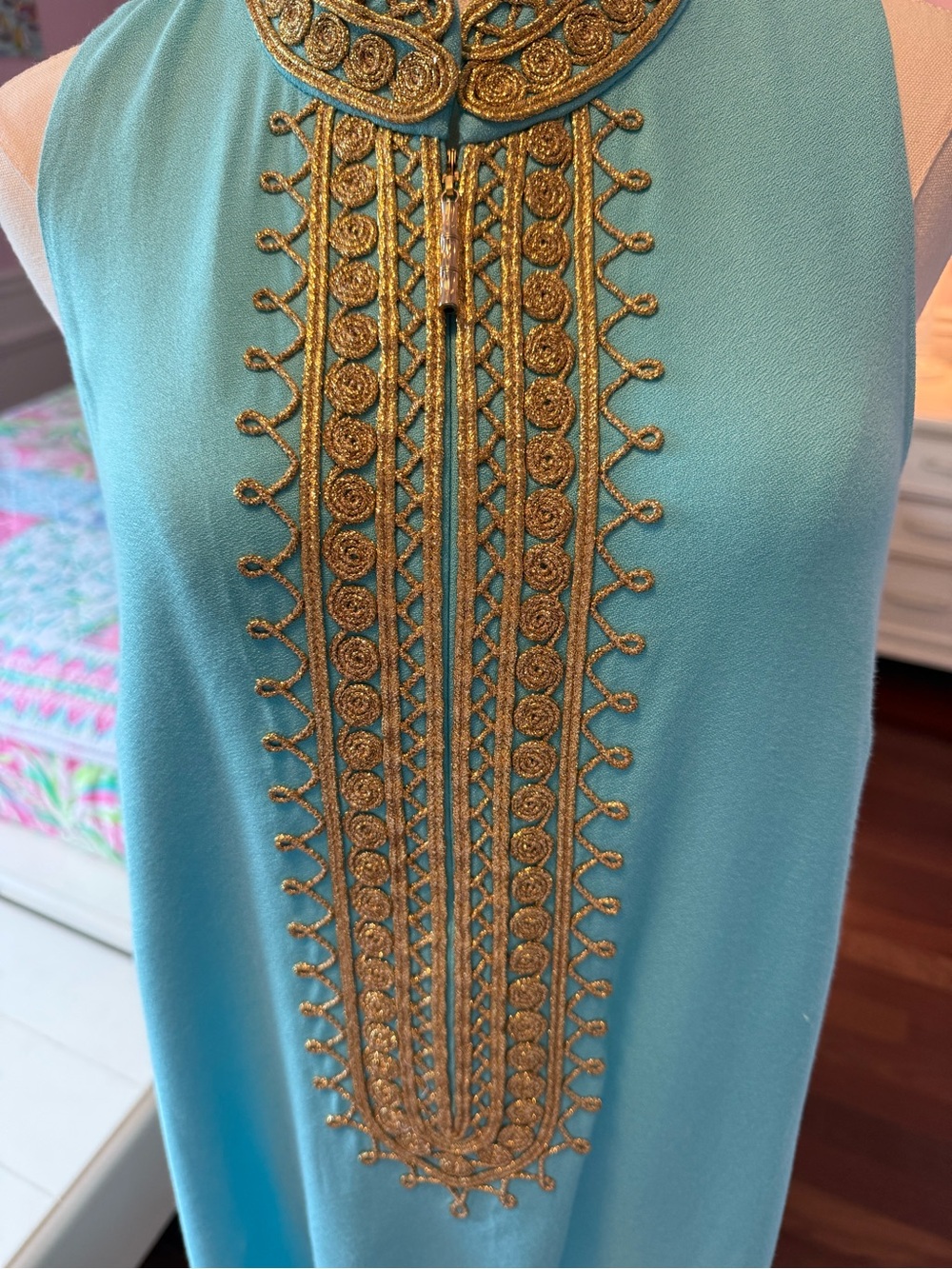 Lilly Pulitzer Turquoise Dress with Gold Embellished Bib - Picture 2 of 6
